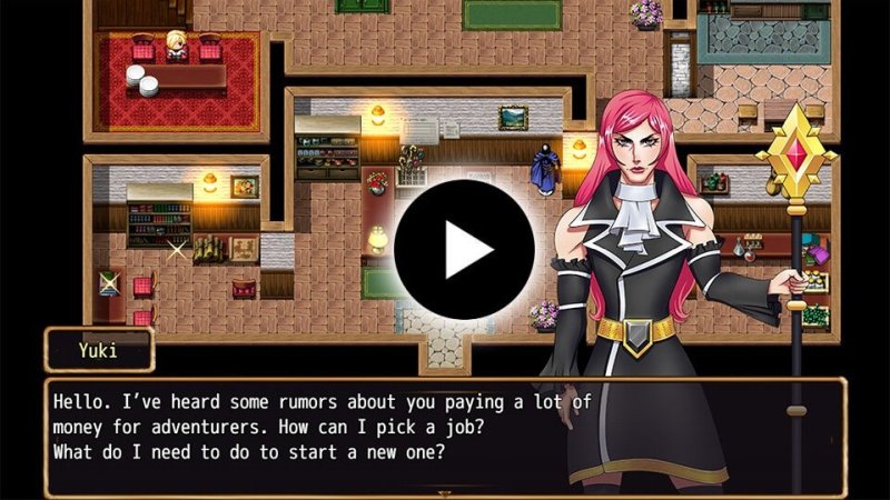 Interior de RPG visto desde arriba con retrato de personaje y diálogo narrativo.